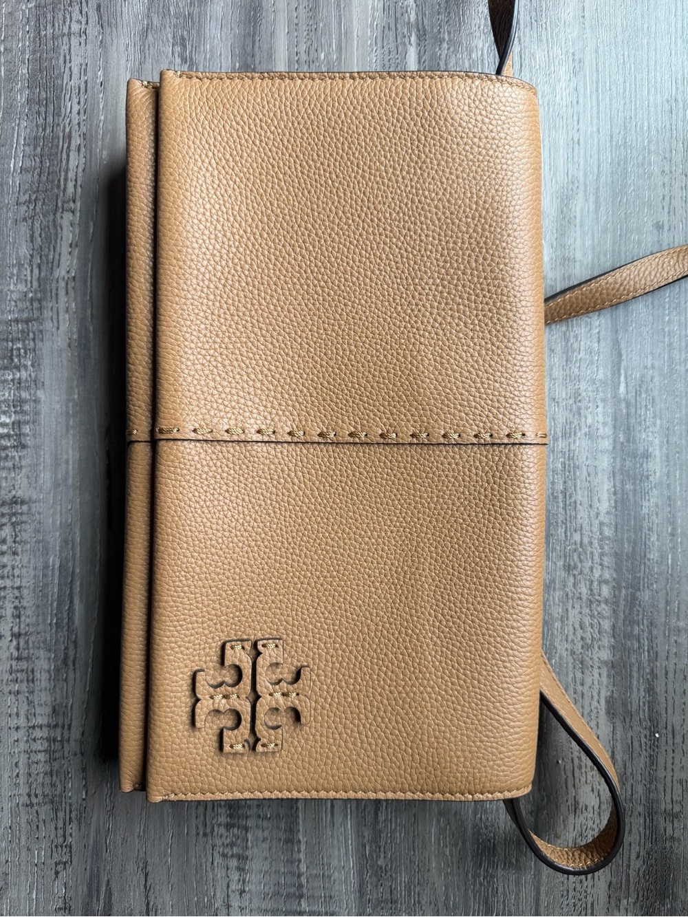 Tory Burch Camel/Tan Pebbled Leather Foldover Crossbody Wallet